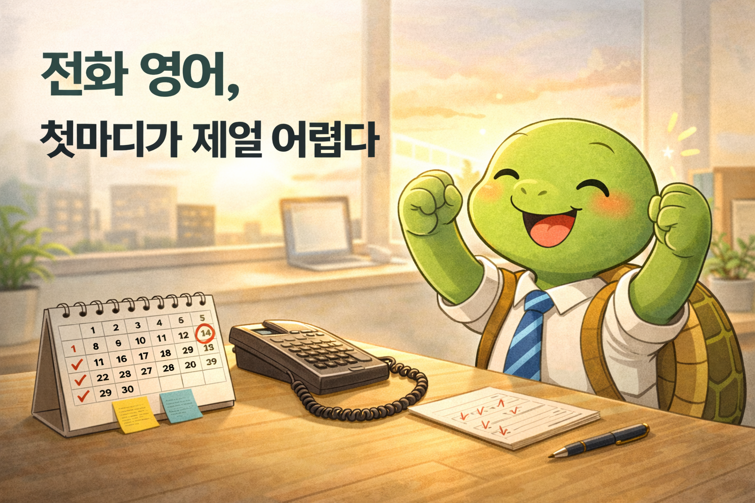 전화 영어 표현 5가지 - 거북이 캐릭터가 전화기를 들고 This is Sum-Pyo speaking 말풍선을 띄우고 있는 쉼프학당 어른의 영어 썸네일