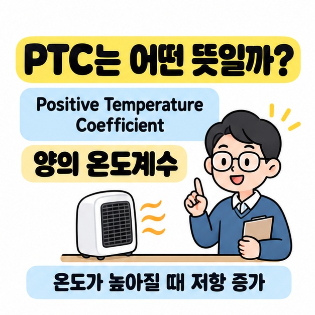PTC의 영문 풀이 Positive Temperature Coefficient와 양의 온도계수라는 뜻, 온도가 높아질 때 저항이 증가한다는 문구를 설명하는 교사의 모습