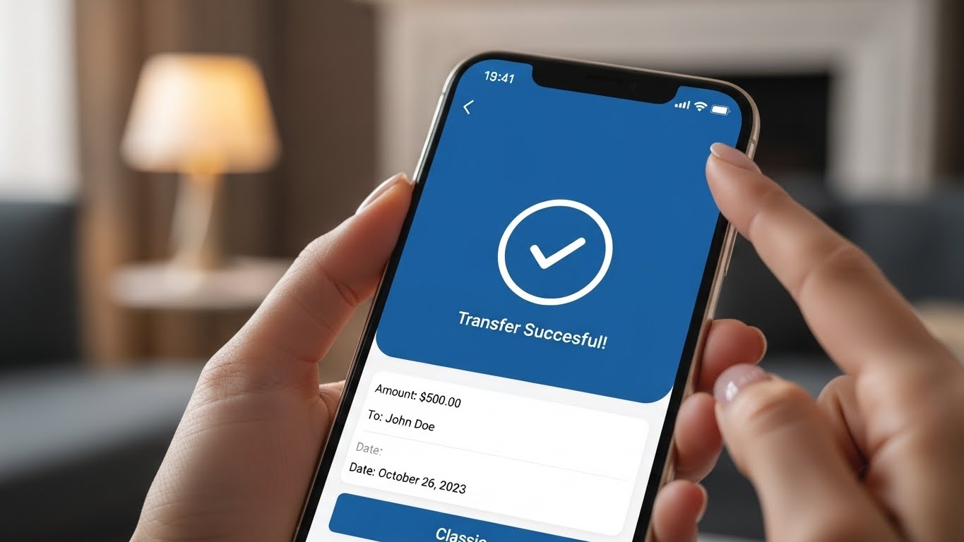 스마트폰 모바일 뱅킹 앱으로 축의금을 송금하는 모습, 편리하고 세련된 비대면 송금.