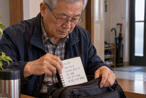 병원에 가기 전 책상 위의 작은 수첩을 챙기는 고령 남성