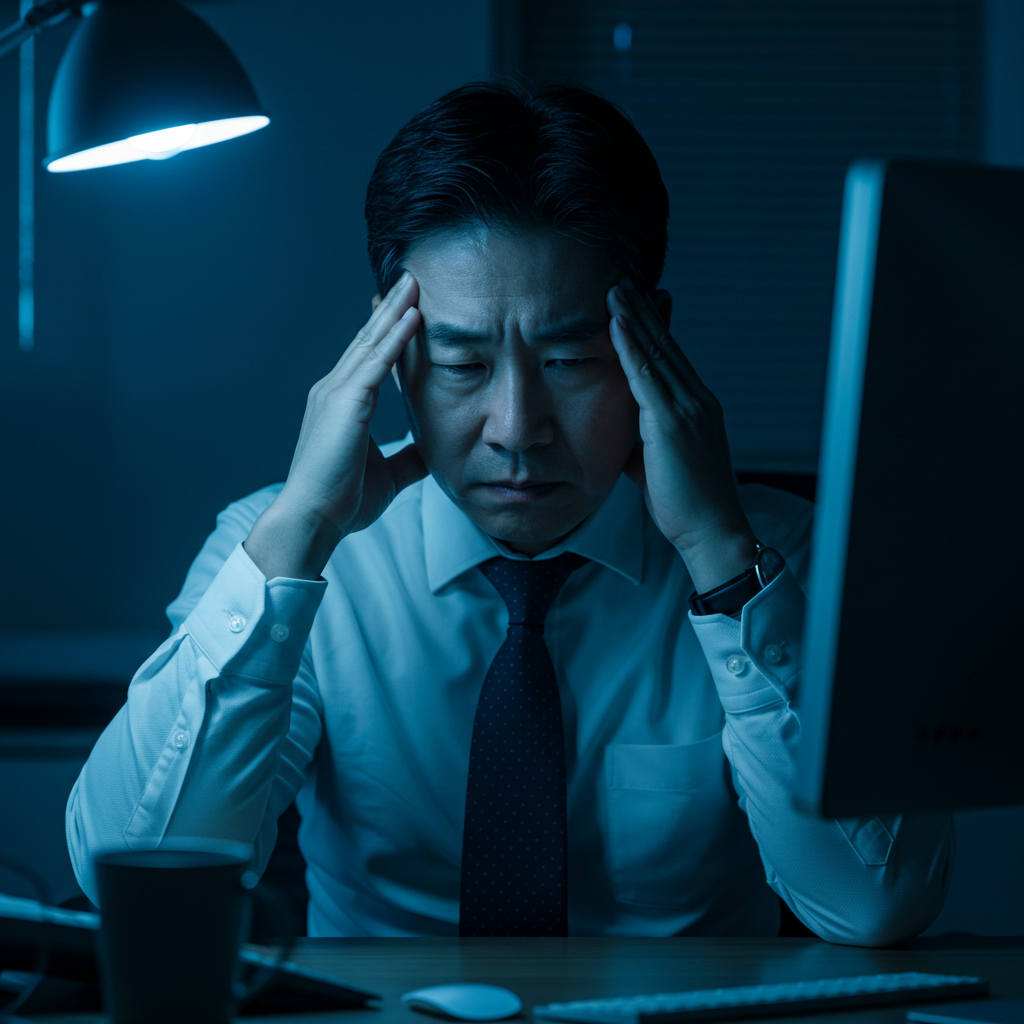 스트레스와 수면 부족으로 인해 밤늦게 책상 앞에서 지친 표정으로 머리를 감싸고 있는 중년 남성