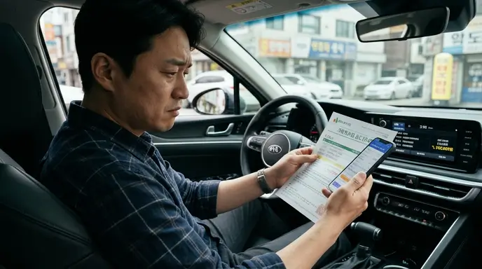 자동차 보험 갱신 고지서를 손에 들고 스마트폰으로 자동차 보험료를 계산하며 고민하는 운전자의 모습