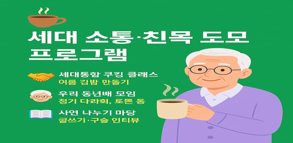 “세대 소통과 친목 도모 프로그램을 소개하는 인포그래픽 이미지”
