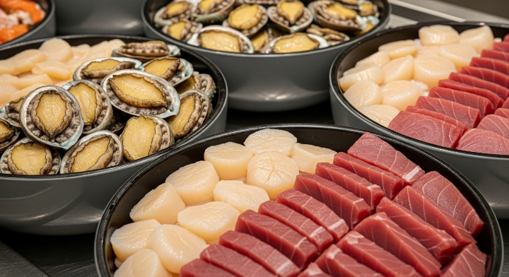 큰 대야에 전복과 참치회 등이 담겨 있는 이미지입니다.