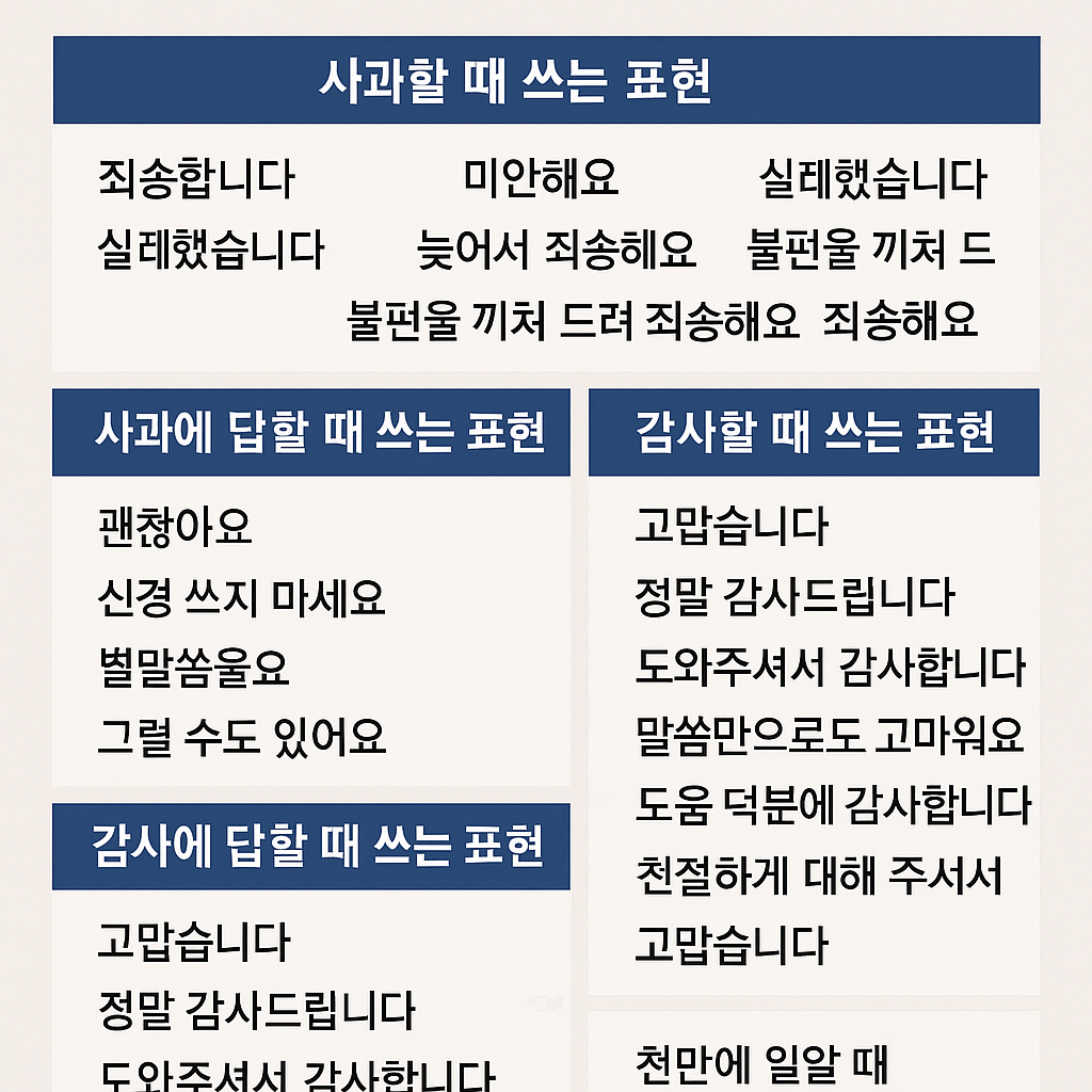 사과와 감사 표현에 자주 쓰는 한국어 문장 정리
