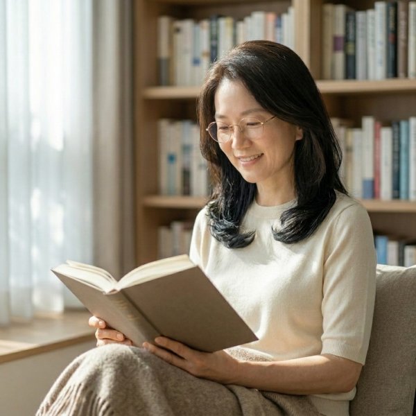 햇살 비치는 아늑한 독서 공간에서 책을 읽으며 평온한 표정을 짓고 있는 중년 여성