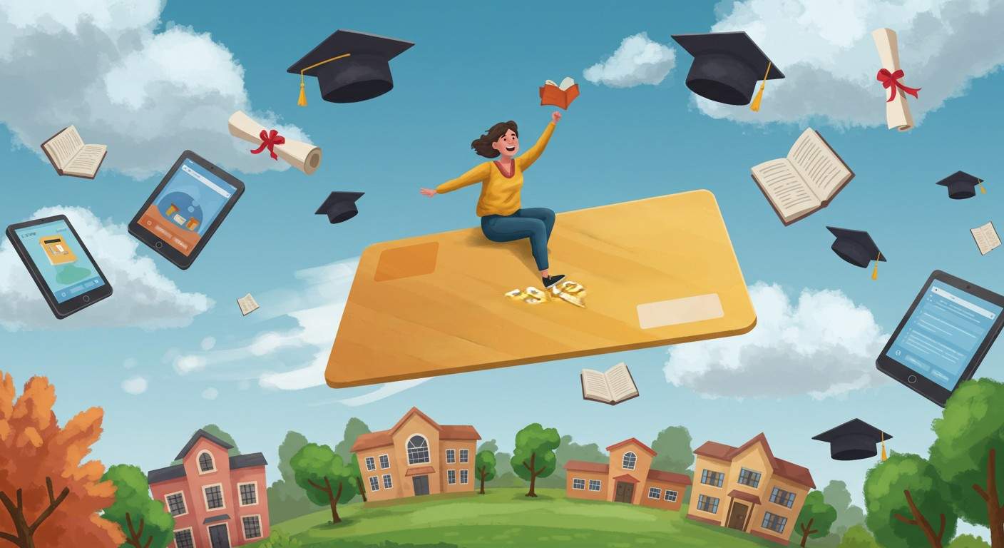 A cheerful adult riding a flying education voucher shaped like a giant credit card, soaring through a sky filled with floating books, graduation caps, and digital tablets, while colorful schools and classrooms appear below.
