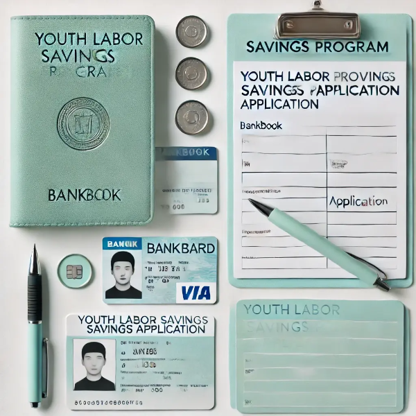 청년노동자 통장 신청을 위한 서류, 통장, 카드, 신분증 등이 정리된 정물 이미지