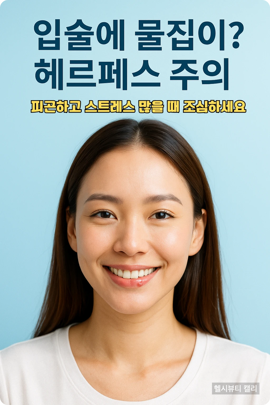 입술에 물집이 생긴 20대 여성의 미소 얼굴, 입술에 작은 수포가 보임