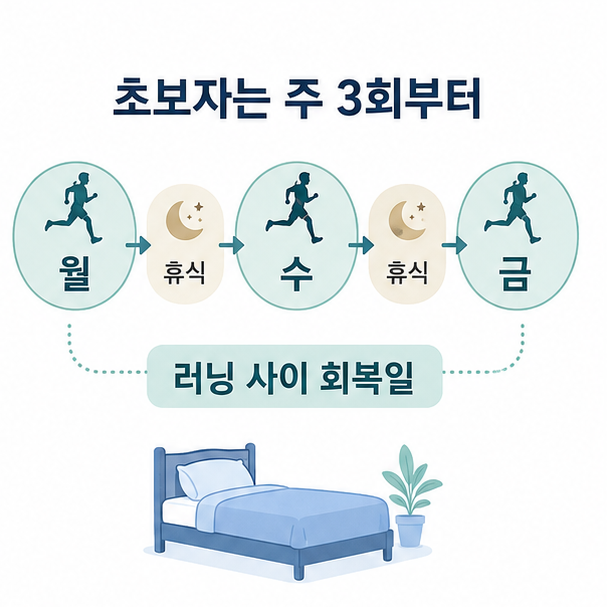 월요일과 수요일, 금요일 러닝과 중간 휴식일을 배치한 초보자 주 3회 러닝 일정