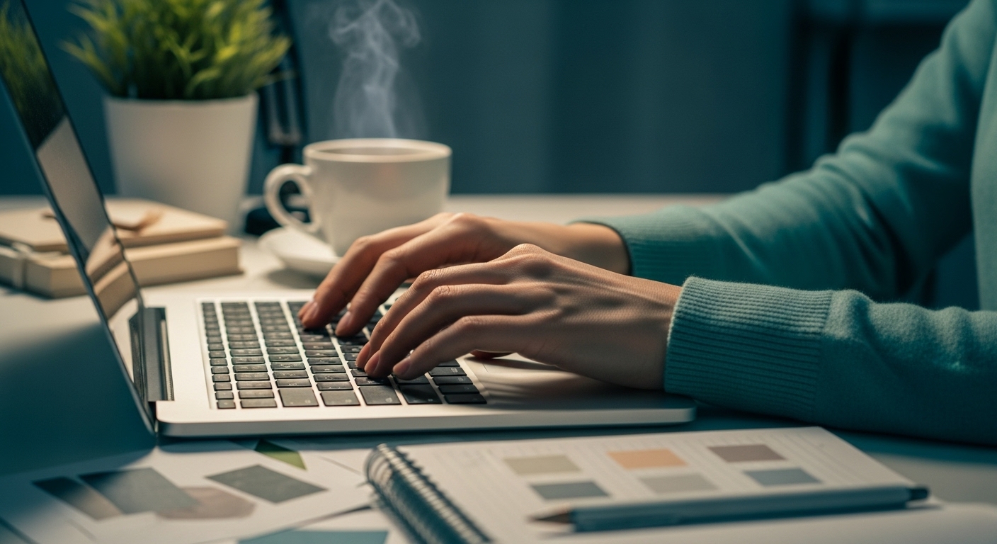 늦은 밤 노트북 키보드를 두드리며 콘텐츠 작업에 몰두하는 손의 클로즈업. 따뜻한 차 한 잔과 함께 꾸준함과 끈기를 상징하는 차분하고 집중된 분위기.