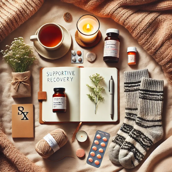 우울증 회복을 위한 일기장, 차, 약통, 양말 등 정돈된 스튜디오 이미지