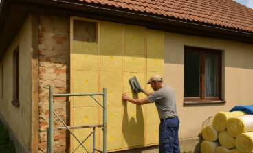 시골집 외벽에 단열재를 부착하며 리모델링을 진행 중인 작업자의 모습으로, 주변에 단열재 롤과 공구가 놓여 있고 배경에는 초록빛 전원 풍경이 보임