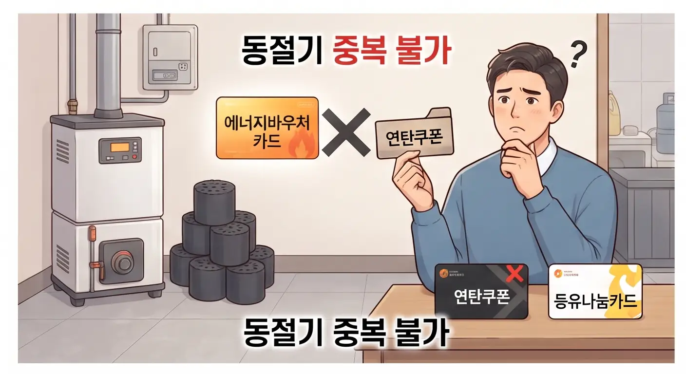 에너지바우처 카드와 연탄쿠폰 등 동절기 지원 간 중복 불가 안내를 보여주는 일러스트