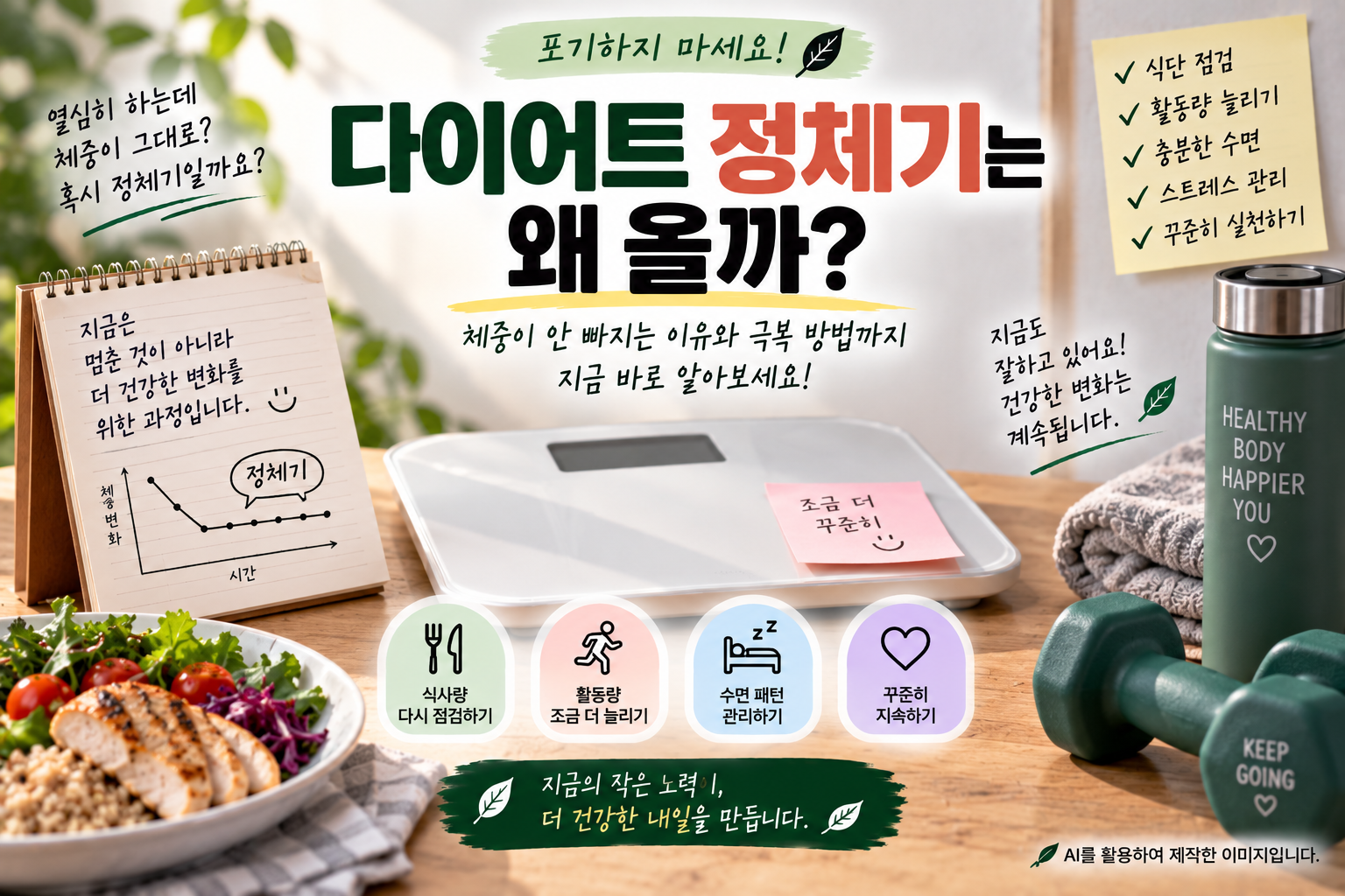 다이어트 정체기 원인과 체중이 안 빠질 때 점검할 방법을 설명하는 이미지