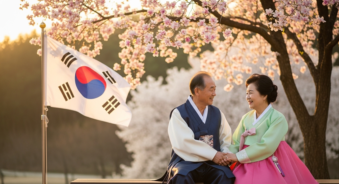 한국 전통 한복을 입은 노년 부부가 손을 잡고 벤치에 앉아 있는 모습, 배경에 태극기와 꽃이 핀 나무, 따뜻하고 평화로운 분위기