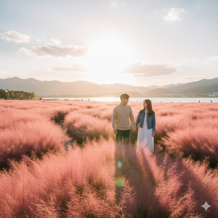합천 황강신소양체육공원 핑크뮬리 밭에서 데이트하는 연인