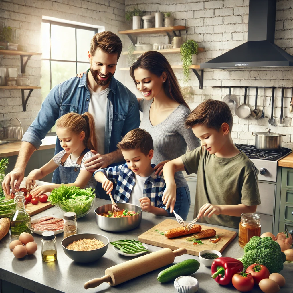 현대적인 주방에서 가족이 함께 요리하는 모습