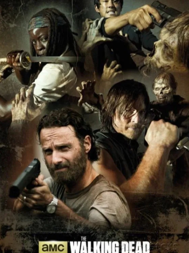 넷플릭스 미드추천 좀비명작 워킹데드 주요 등장인물 리더 릭, 대릴, 미숀, 글렌이 좀비와 싸우는 모습의 공식 포스터