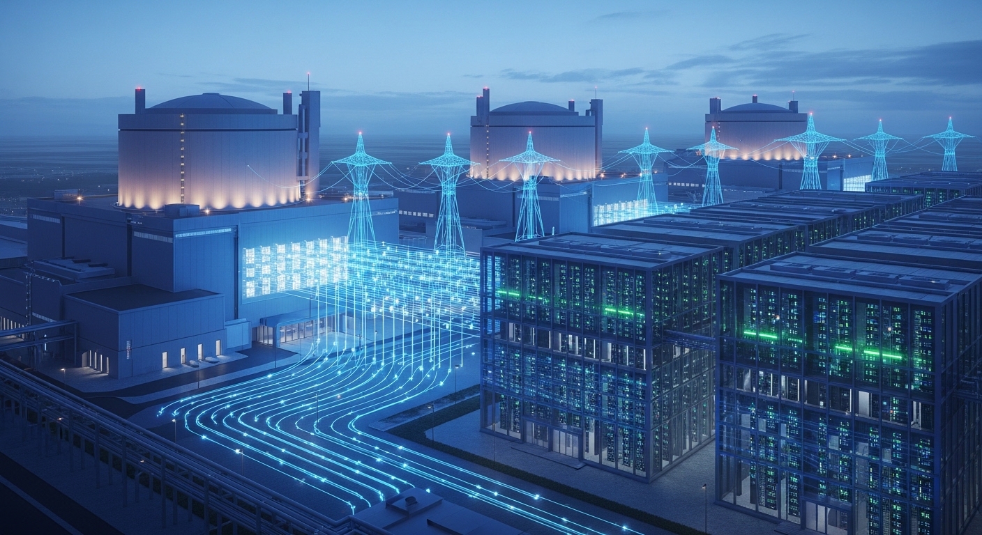 거대한 원자력 발전소와 데이터 센터가 나란히 서 있는 AI 인프라 성장 이미지