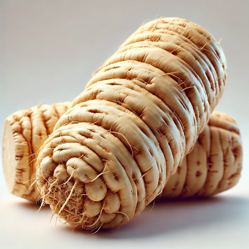 깨끗하고 매끄러운 우엉 뿌리가 흰색 배경에 놓여 있는 이미지.