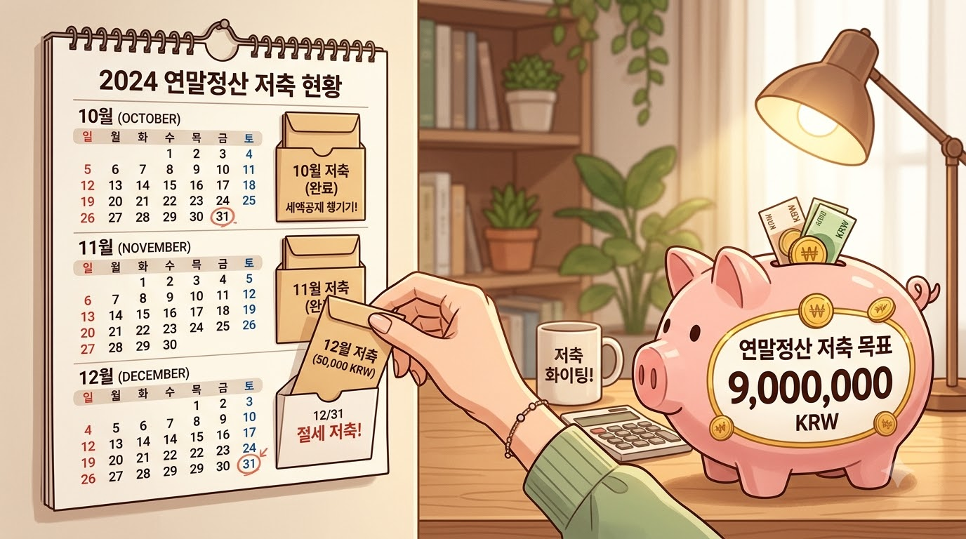 달력 10&middot;11&middot;12월 세 칸에 돈봉투를 하나씩 꽂는 손, 옆에 900만 원 저금통]