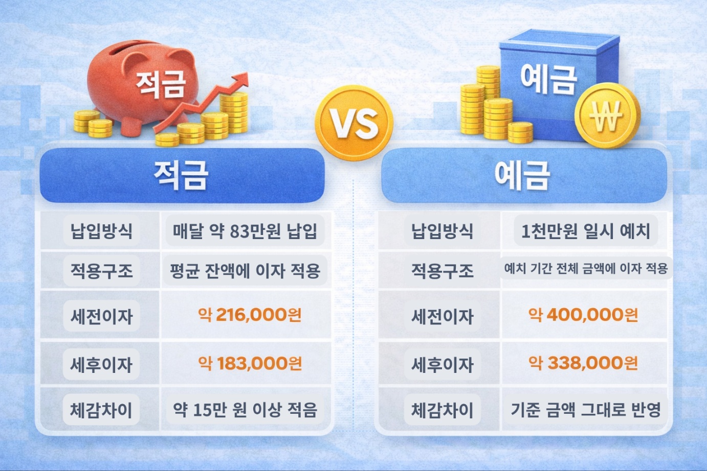 1천만 원 기준 적금과 예금 이자 차이를 표로 비교한 금융 상품 설명 이미지