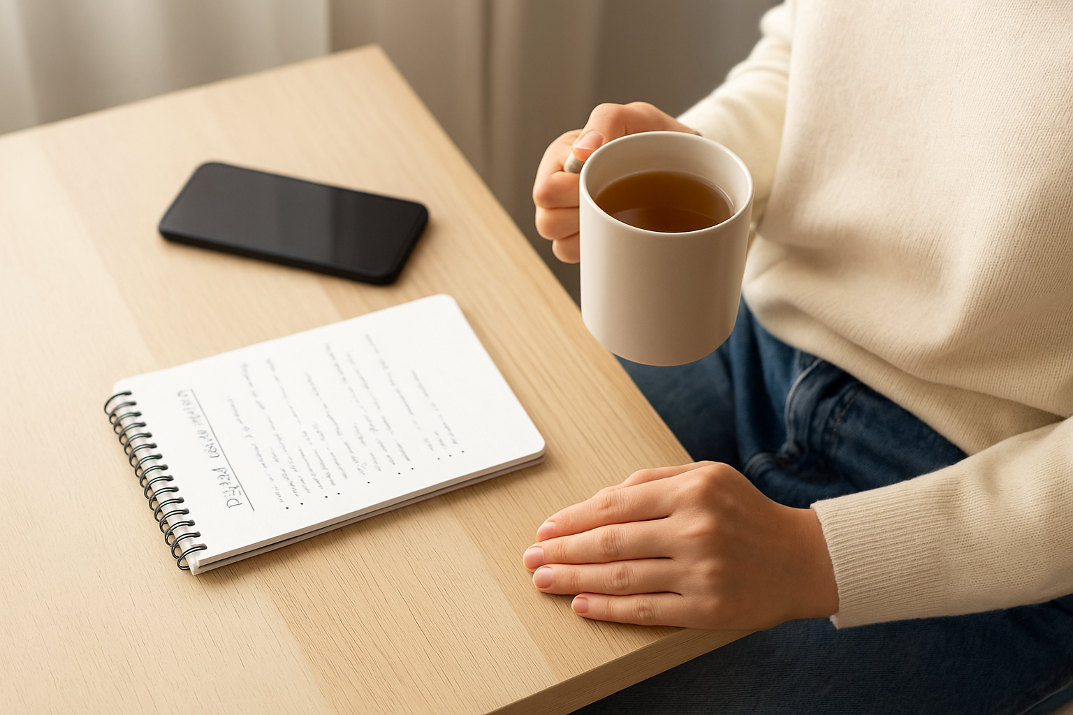 디지털 디톡스를 실천하며 따뜻한 차를 미시는 사람의 손과 책상 위 메모지. 스마트폰이 함께 놓인 장면