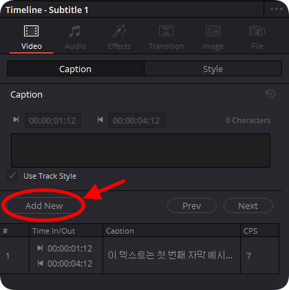 프로그램 우측 Video - Caption 에서 "Add New" 버튼 클릭