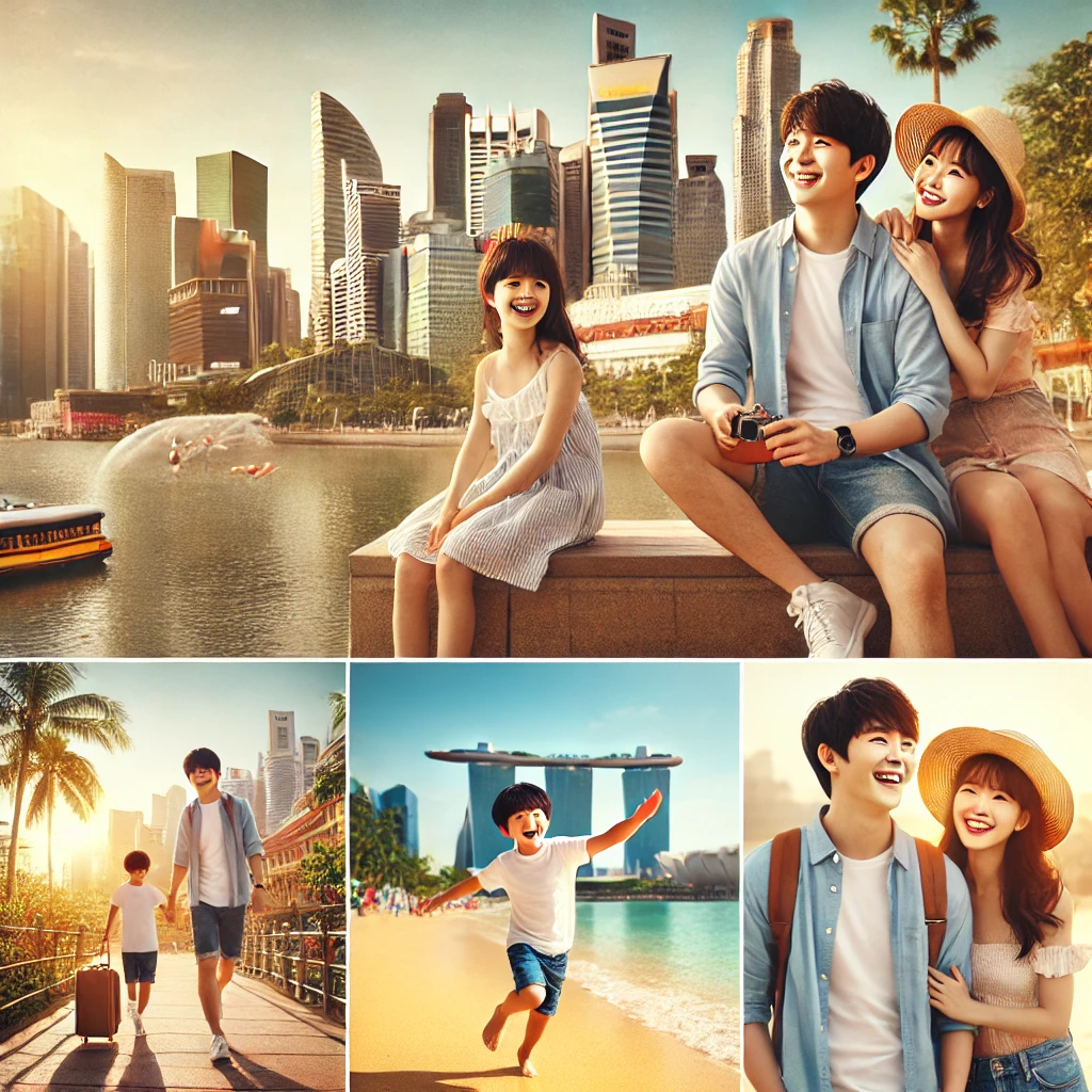 가족이 함께 싱가포르의 대표 명소를 관광하는 모습