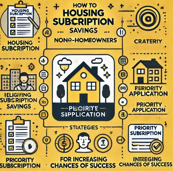 무주택자를 위한 주택청약 활용 방법을 시각적으로 표현한 이미지로, 청약 저축, 자격 요건, 우선 신청 옵션, 당첨 확률을 높이는 전략 등을 아이콘과 그래픽으로 설명하고 있습니다