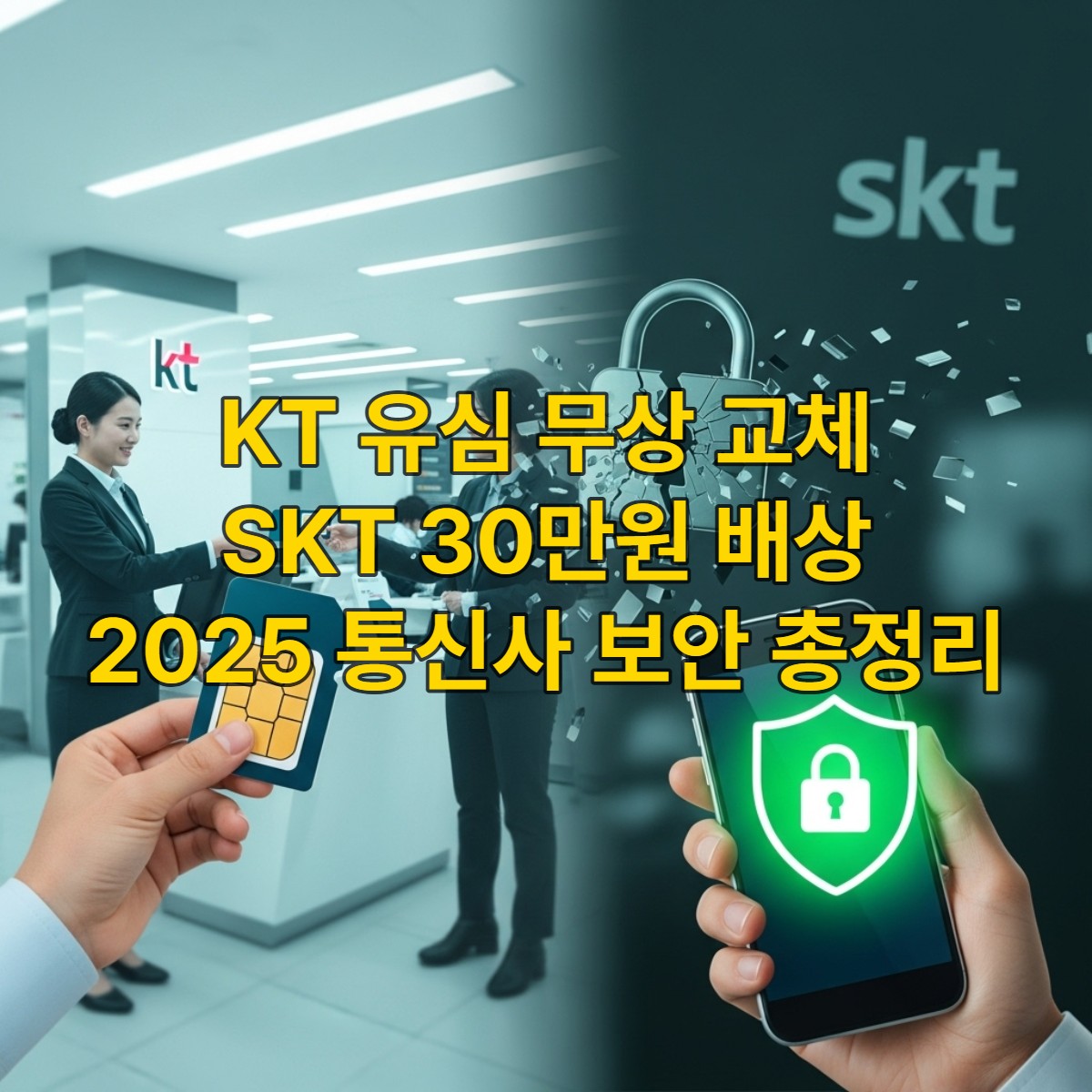 KT 유심 무상 교체와 SKT 개인정보 유출 사태를 상징하는 이미지. 유심 교체 중인 손과 해킹된 자물쇠가 대비되며 통신사 보안 문제를 보여줍니다.