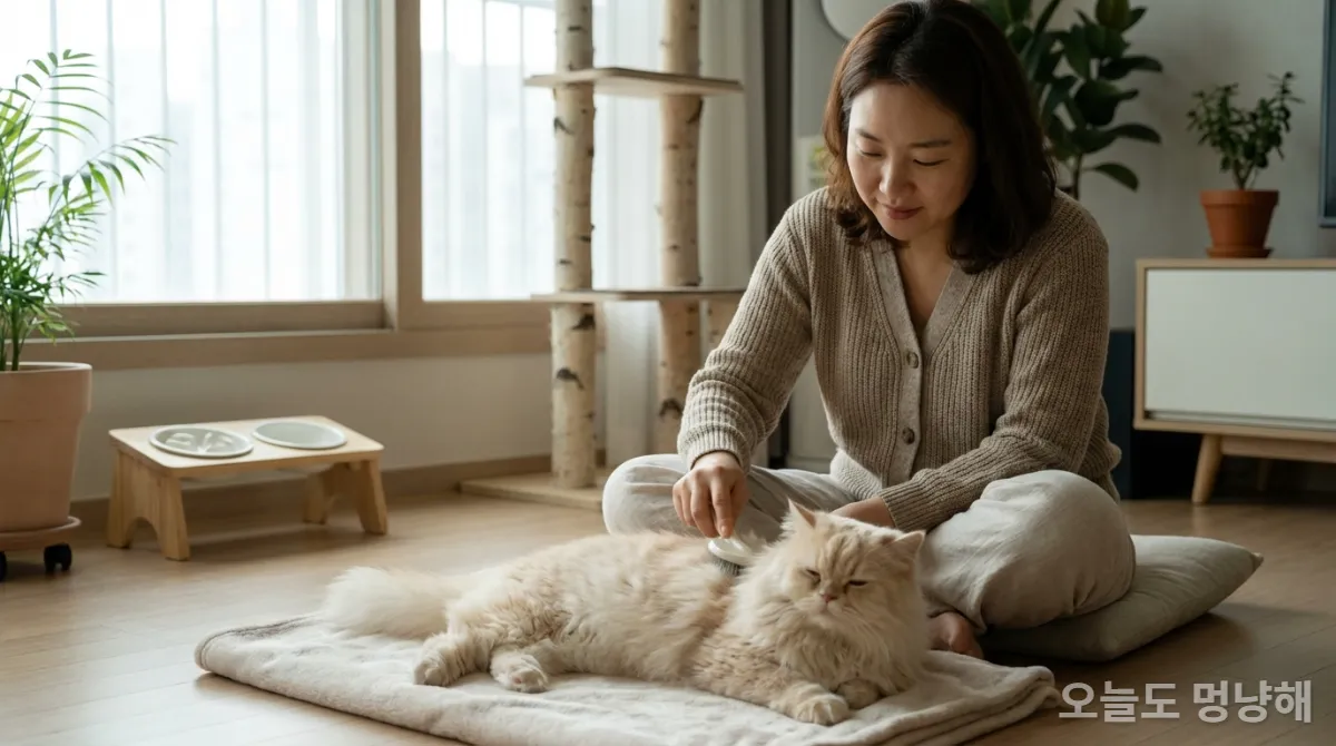 고양이를 빗질해주는 한국인 여성과 높이 조절 식기, 고양이 타워가 있는 따뜻한 집