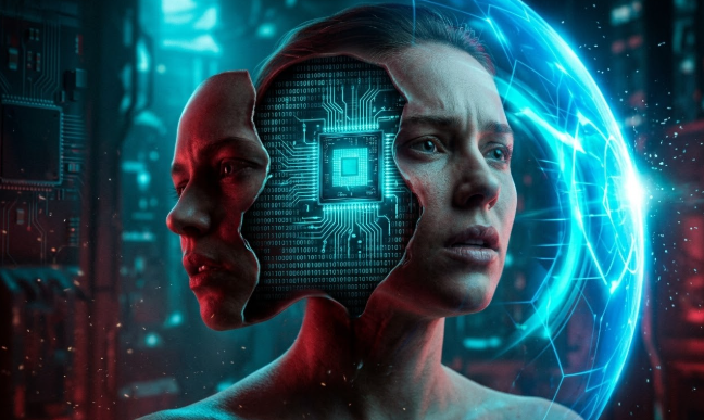 인간의 얼굴을 실시간으로 합성하는 디지털 레이어와 보안 쉴드의 대립 구조