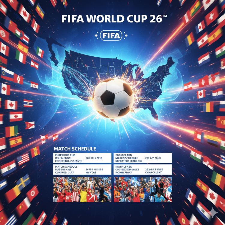 2026 월드컵 포스터, 48개국 국기 그래픽, 경기 일정표, 미국&middot;캐나다&middot;멕시코 지도 배경, 생동감 있는 색감, FIFA 로고 포함.