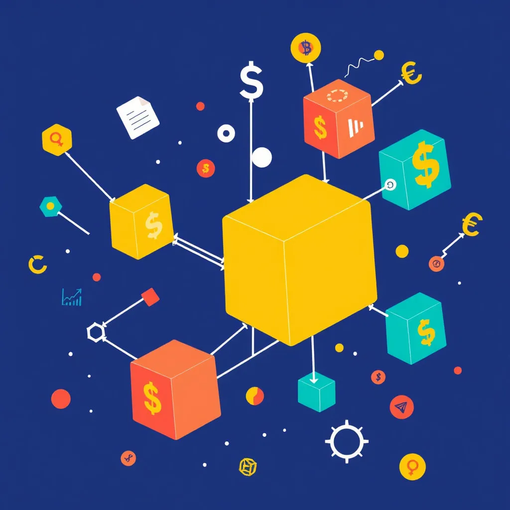 서로 연결된 다양한 블록(노드)들이 중앙 허브 없이 자유롭게 데이터를 교환하는 모습을 추상적으로 표현합니다. 블록체인 기술을 상징하는 사슬 모양이나 연결선을 사용하여 탈중앙화된 네트워크를 나타냅니다. 금융을 상징하는 통화 기호(예: ₩, $, € 등)나 그래프와 블록체인 아이콘이 조화롭게 어우러지게 배치하여 미래 금융의 모습을 시각화합니다.