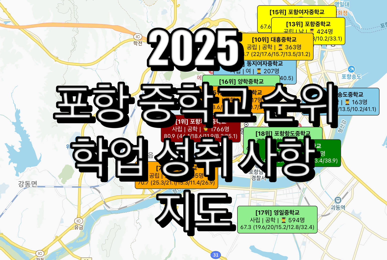 포항 중학교 순위 지도