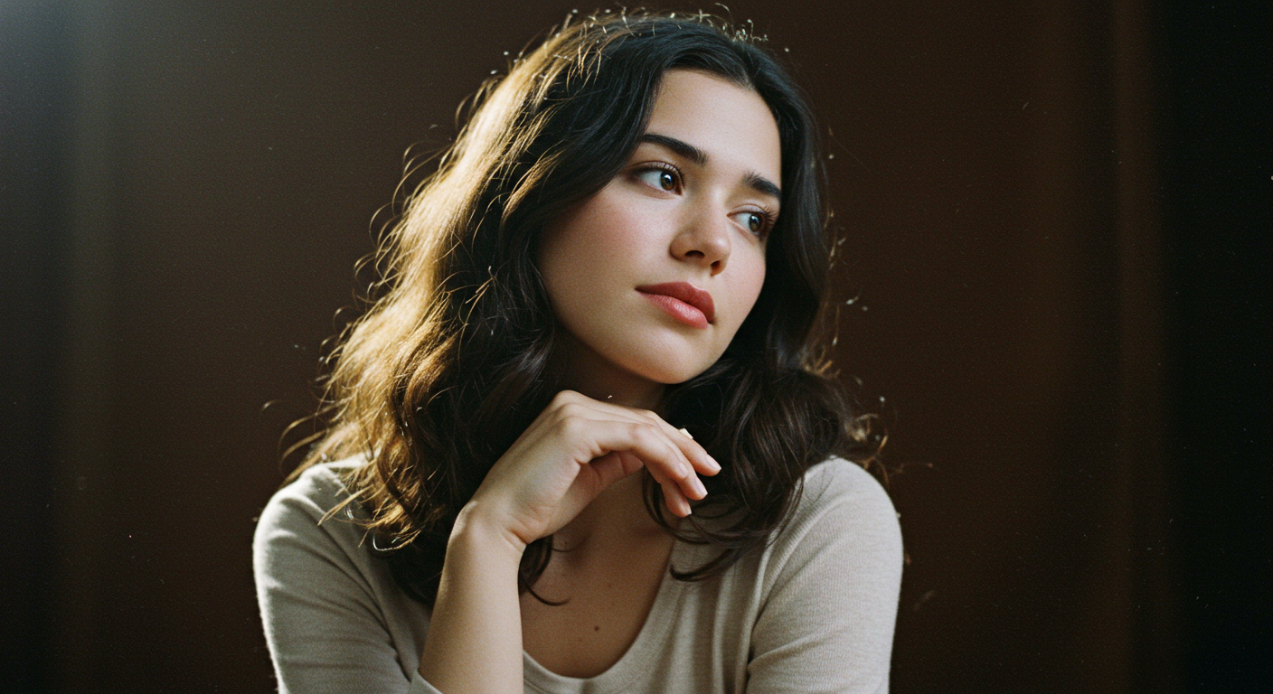 어두운 배경 앞에서 베이지 니트를 입은 젊은 여성이 턱을 손에 얹고 옆을 응시하며 생각에 잠긴 모습