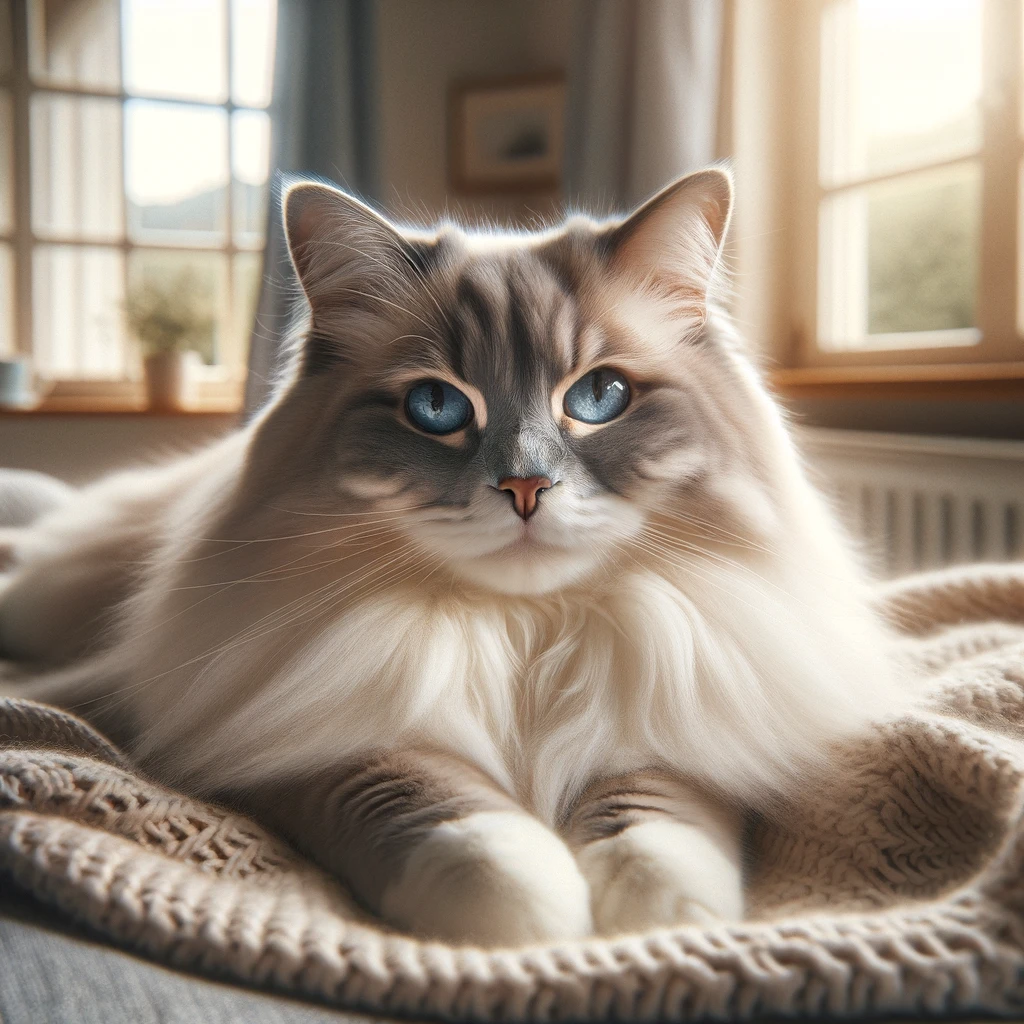 따뜻한 실내 공간에서 푹신한 담요 위에 편안하게 누워 있는 랙돌 고양이.