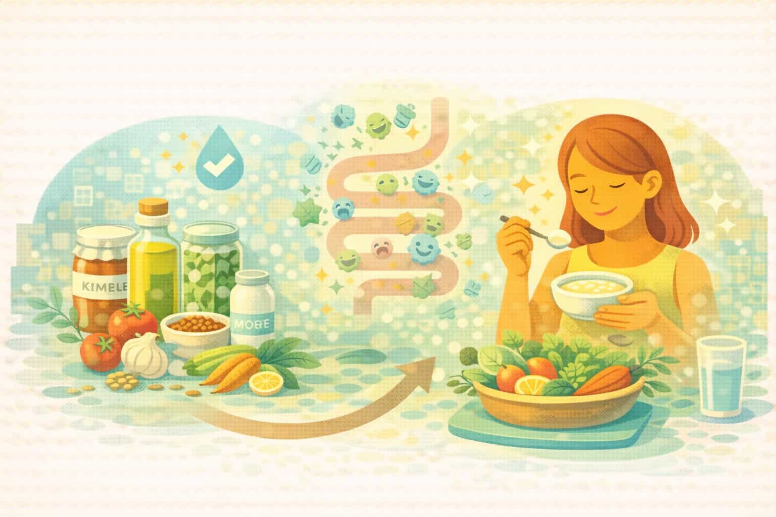 발효 식품과 프리바이오틱스 식재료를 활용해 장내 유익균을 관리하는 여성의 일러스트