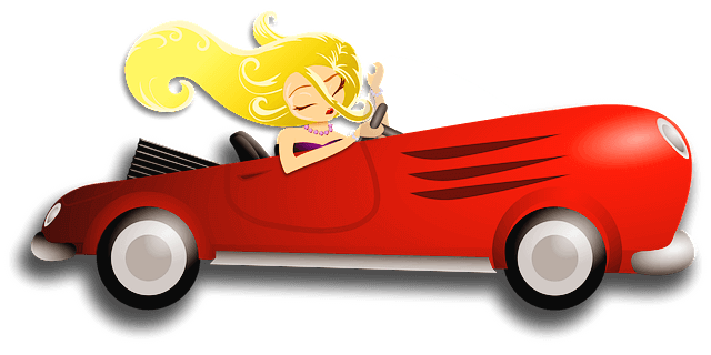 빨간 스포츠카를 탄 긴 금발머리 여자가 두 눈을 감고 운전한다. 잘 나가는 여자다.