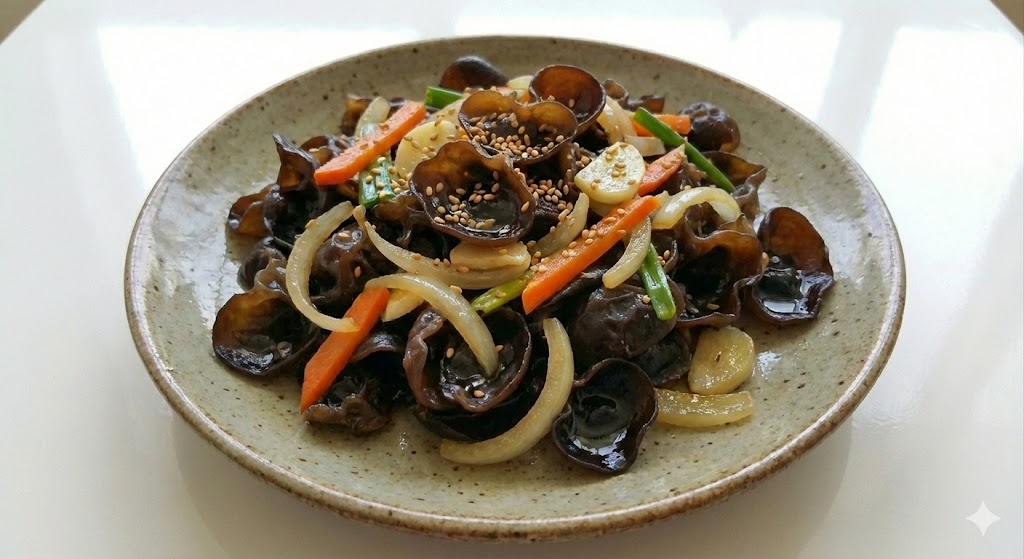 식물성 기름과 함께 조리하여 목이버섯 속 지용성 비타민 D의 체내 흡수율을 7배 이상 높여 칼슘 이용률을 극대화하는 고효능 볶음 요리