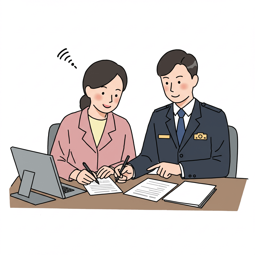 담당 공무원과 자녀 장려금 신청하는 어머니가 책상에 마주 앉아 관련 서류를 함께 검토하는 장면 