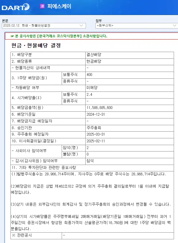 피에스케이(319660) 2025년 배당, 배당금, 배당일, 배당락일