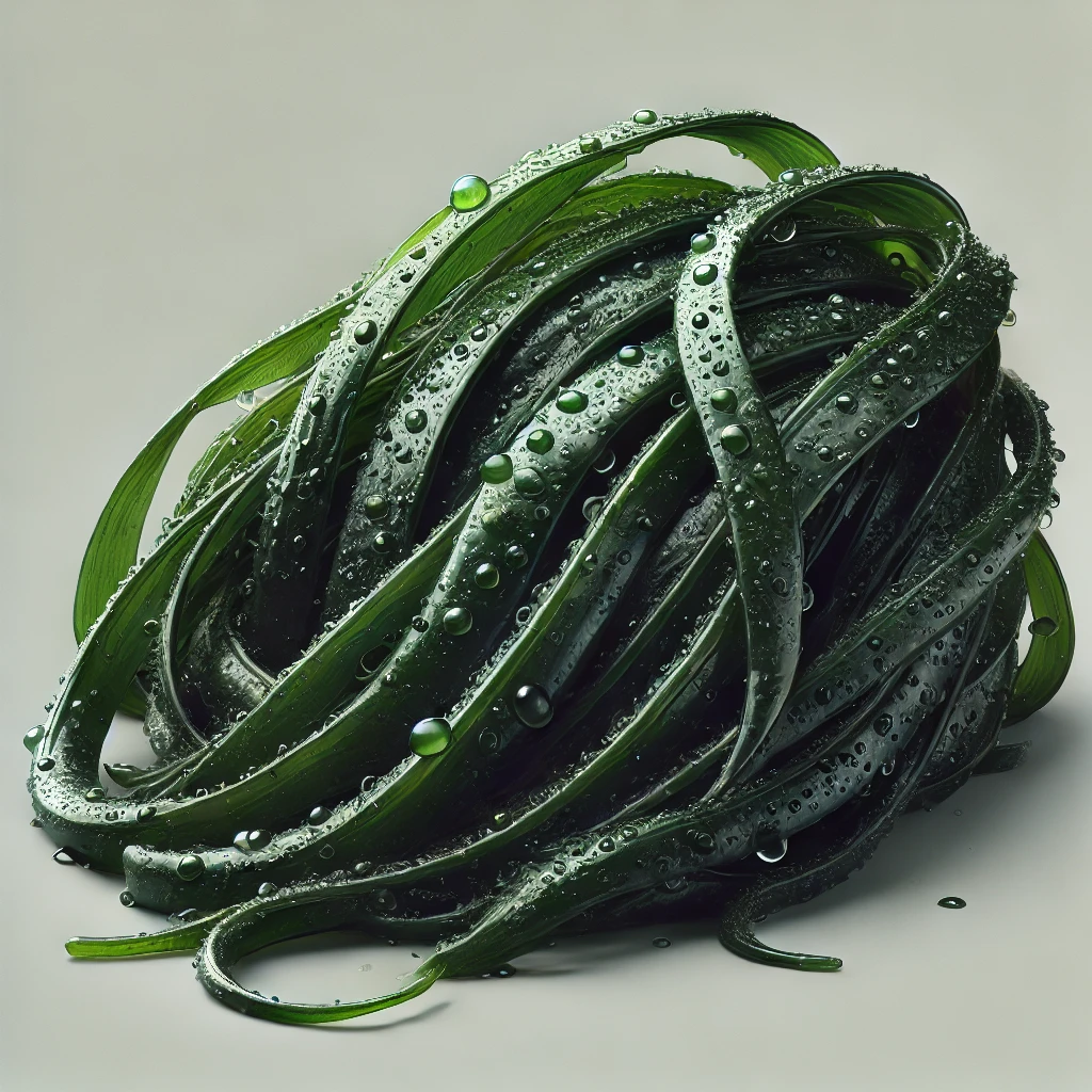 바다에서 갓 수확한 길고 물기 있는 초록색 미역 줄기가 자연스럽게 구부러져 있는 모습의 사실적인 이미지