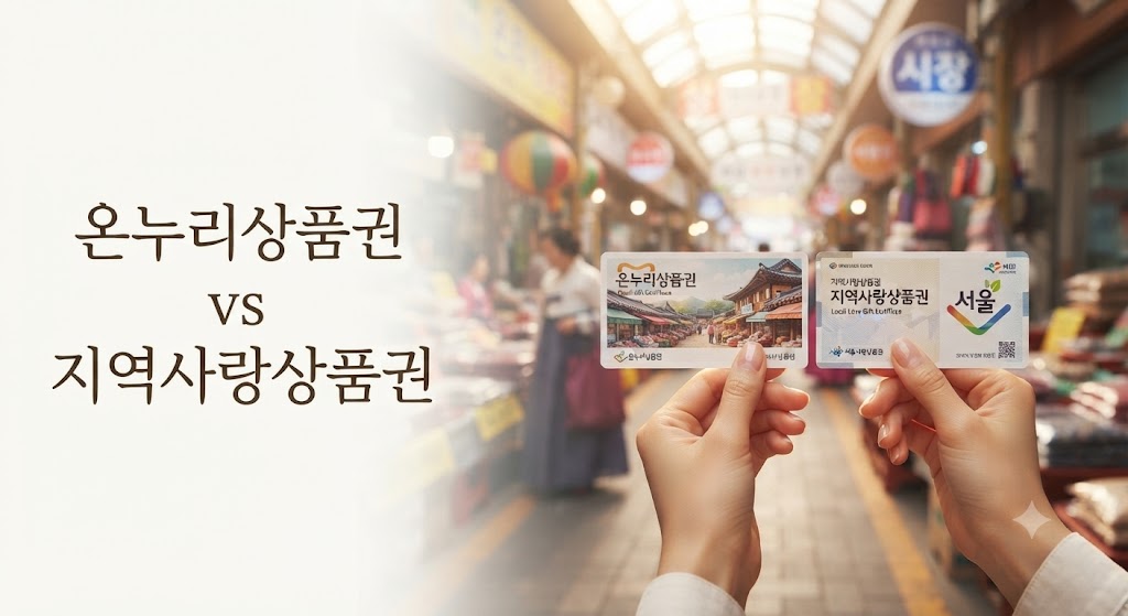 온누리상품권과 지역사랑상품권 비교 이미지, 전통시장을 배경으로 두 상품권을 나란히 든 모습