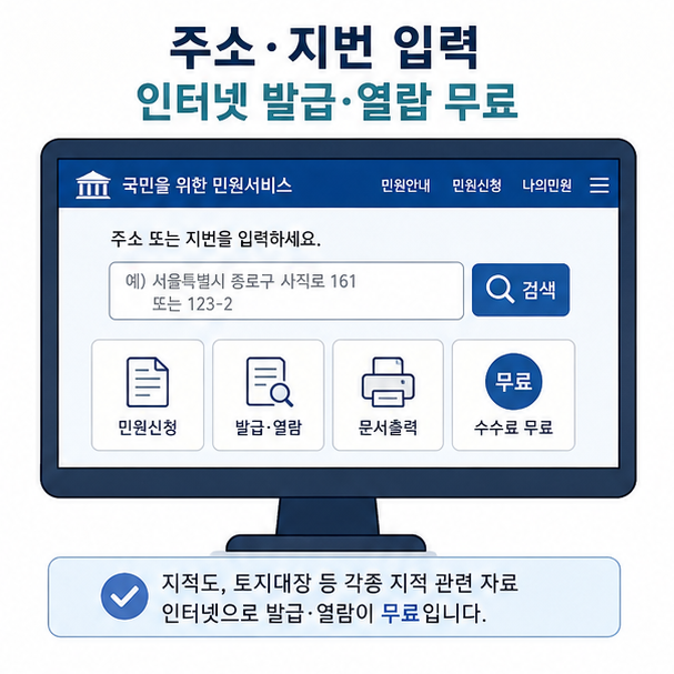 정부 민원 서비스에서 주소와 지번을 입력해 지적도를 조회하는 화면