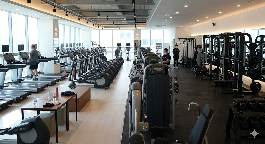 현대적인 시설을 갖추었으나 이용객이 적어 한산한 헬스장 내부 전경 사진. 2030 세대의 이탈과 약물 다이어트 트렌드로 인한 조용한 체육관의 모습을 보여준다.