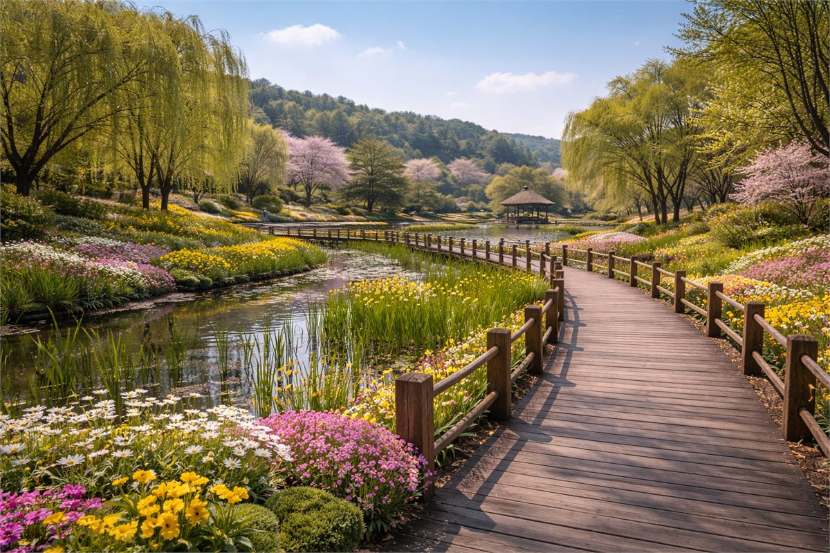 물향기수목원의 보드워크와 낮은 봄꽃이 함께 보이는 풍경 