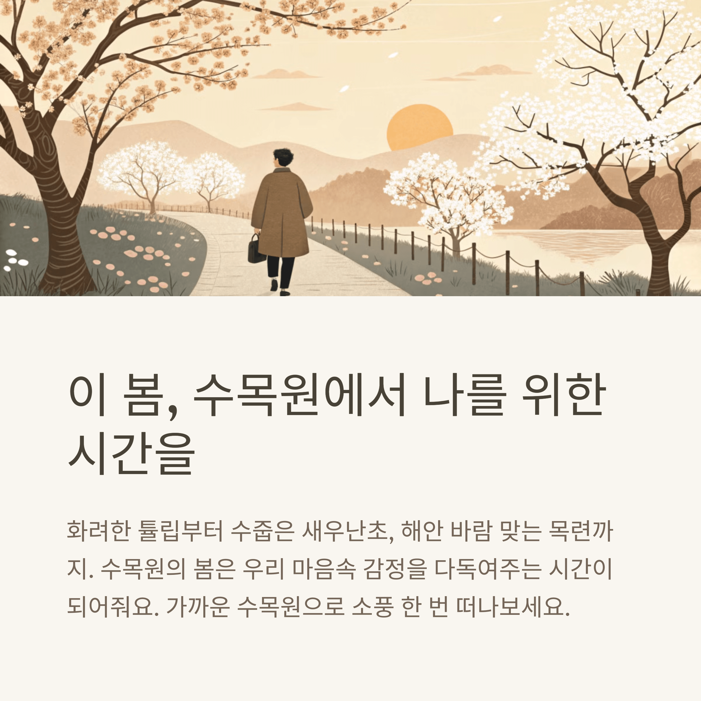 person walking away on a flower-lined path in Korean arboretum at sunset